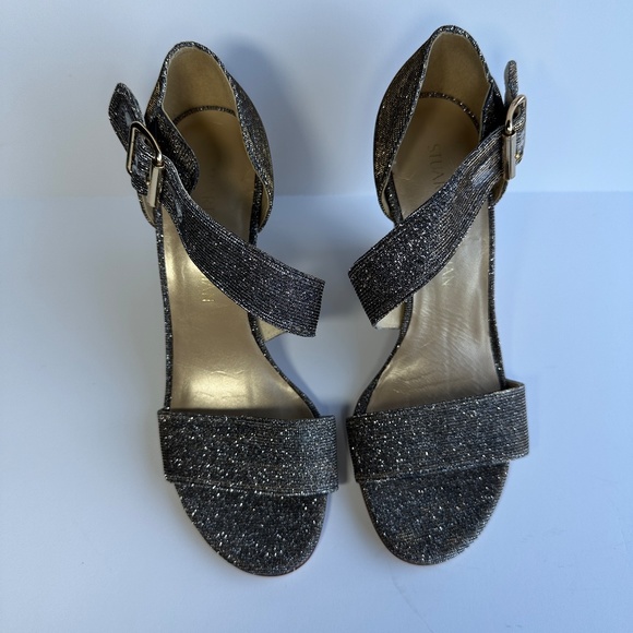 Stuart Weitzman Lineone Pyrite Nocturn Wedge Sandal Dark Silver Glitter Sparkle - Picture 9 of 16